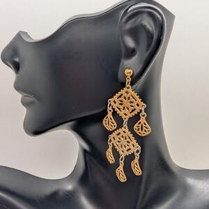 Gold Tone, Lasercut Drop Floral Dangling Earrings